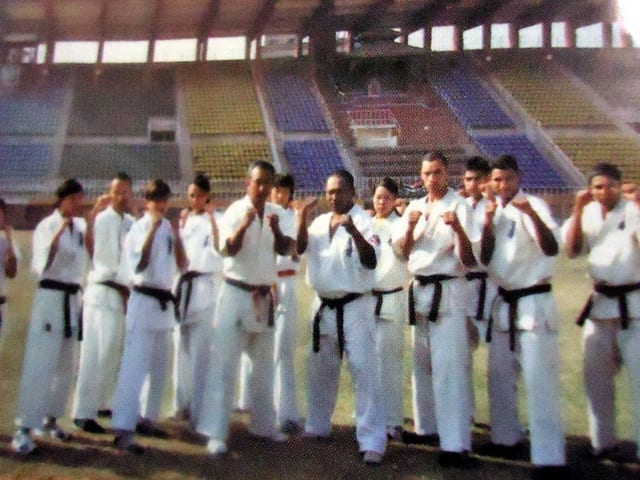 Karateka of the Association standing in fighting stance in a line, in a stadium.